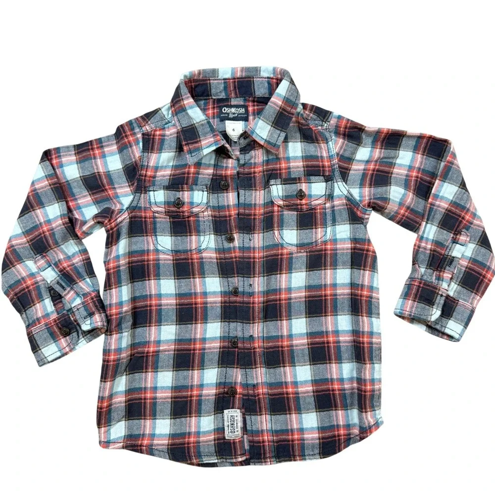 OshKosh Bgosh Boys Plaid Flannel‎ Button Down Shirt Orange Blue Size 6 31372311